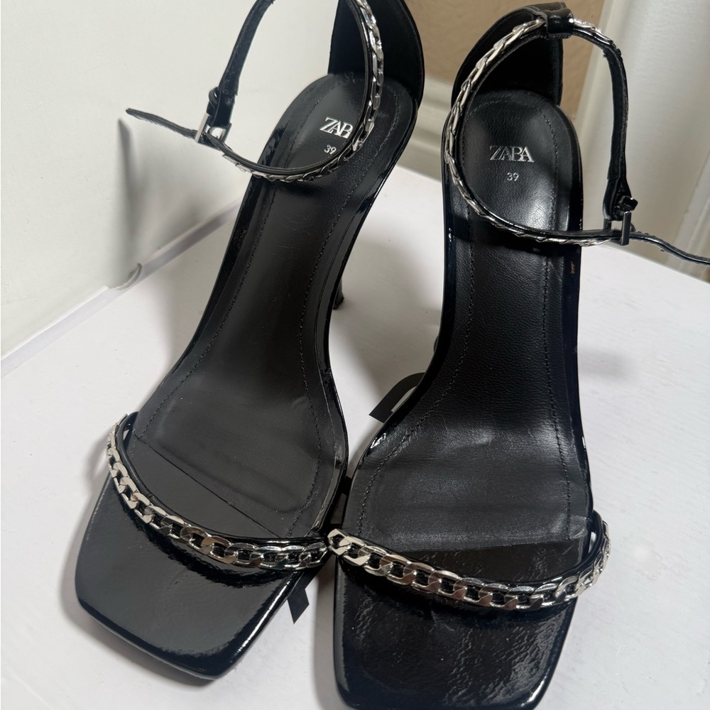 Zara Glossy Black Heels with Silver Accents - Picture 2 of 5